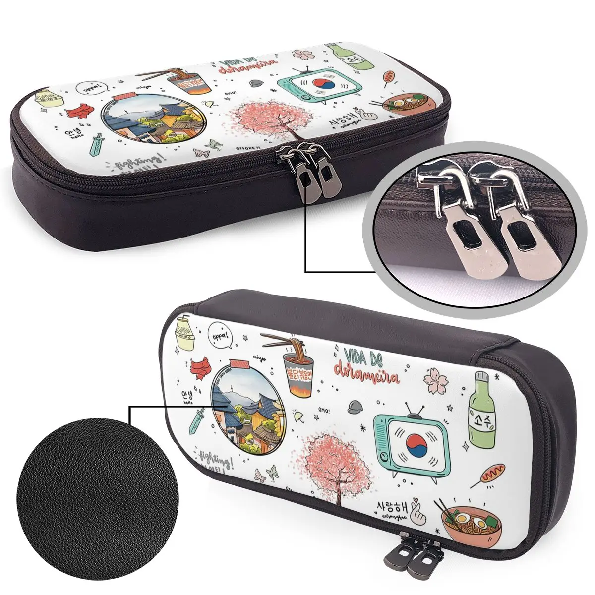 Estuche de Cuero con Diseño de Flor de Cerezo de Corea, para Niños, con Temática de K-drama, Dorama, Drama Coreano, Soju, para Regalos, Portalápices, Bolsa para Lápices