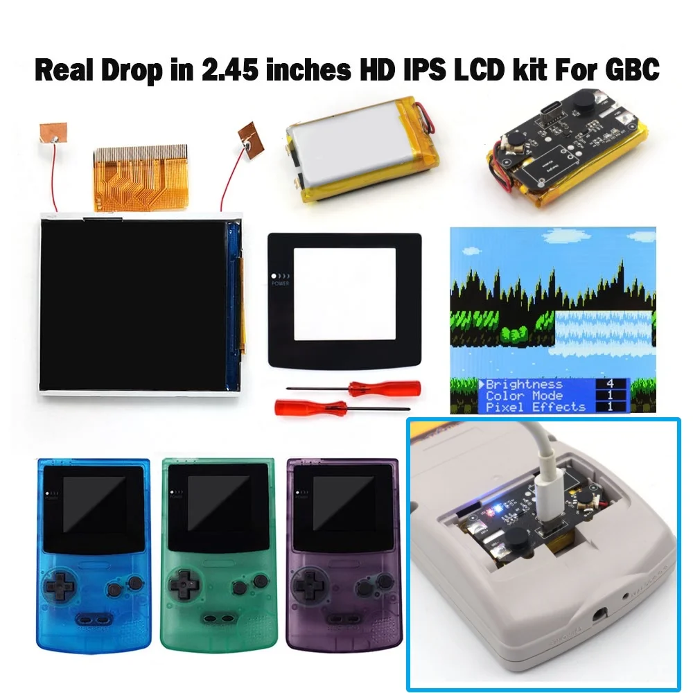 Перезаряжаемый модуль для GBC с 2,45-дюймовым IPS-экраном с подсветкой, комплект для замены, простая установка, эффект пикселей OSD, не требует пайки.