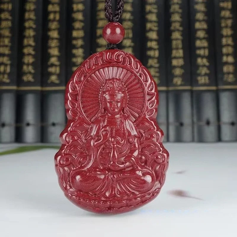 

Pure Natural Cinnabar Double-sided Hand carved Jade Amitabha Buddha Guanyin Bodhisattva Men's and Women's Necklace Pendant