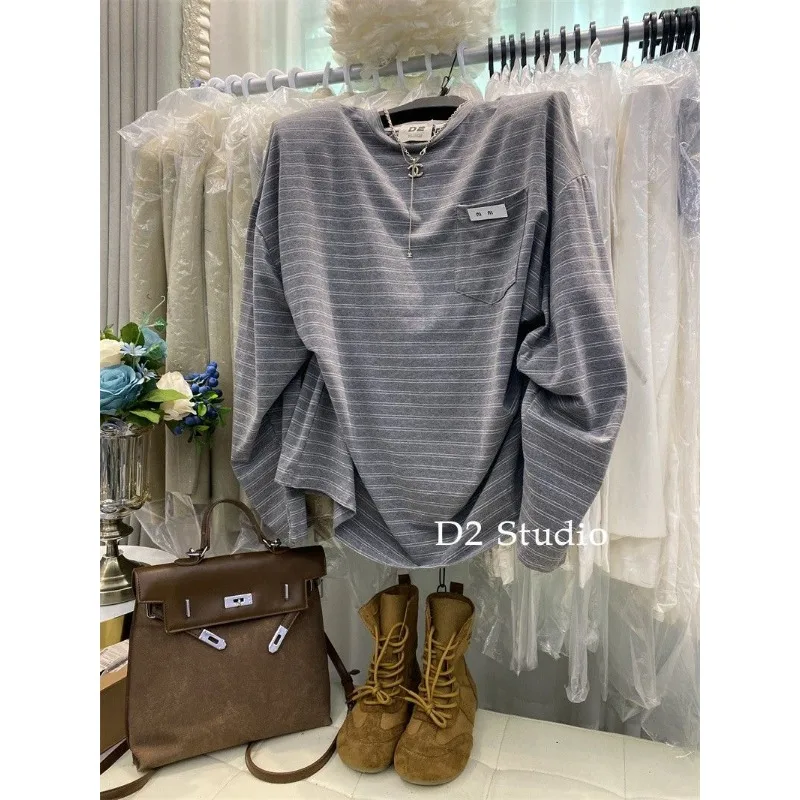 Herfst Nieuwe Koreaanse Stijl Modieuze Retro Gestreepte T-shirt Met Lange Mouwen Voor Vrouwen Losse En Veelzijdige Luie Halflange Dunne top