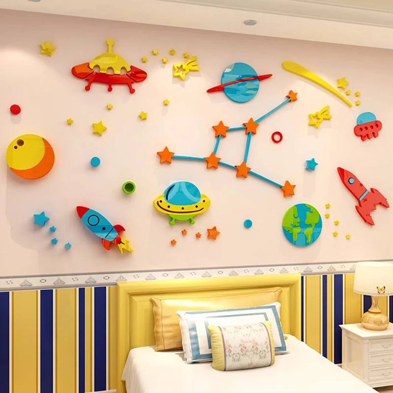 Space Ship Acrylic 3D wall sticker Children's Room Nursery Window Glass Door Wall Sticker Bedroom Living Room roof decoration