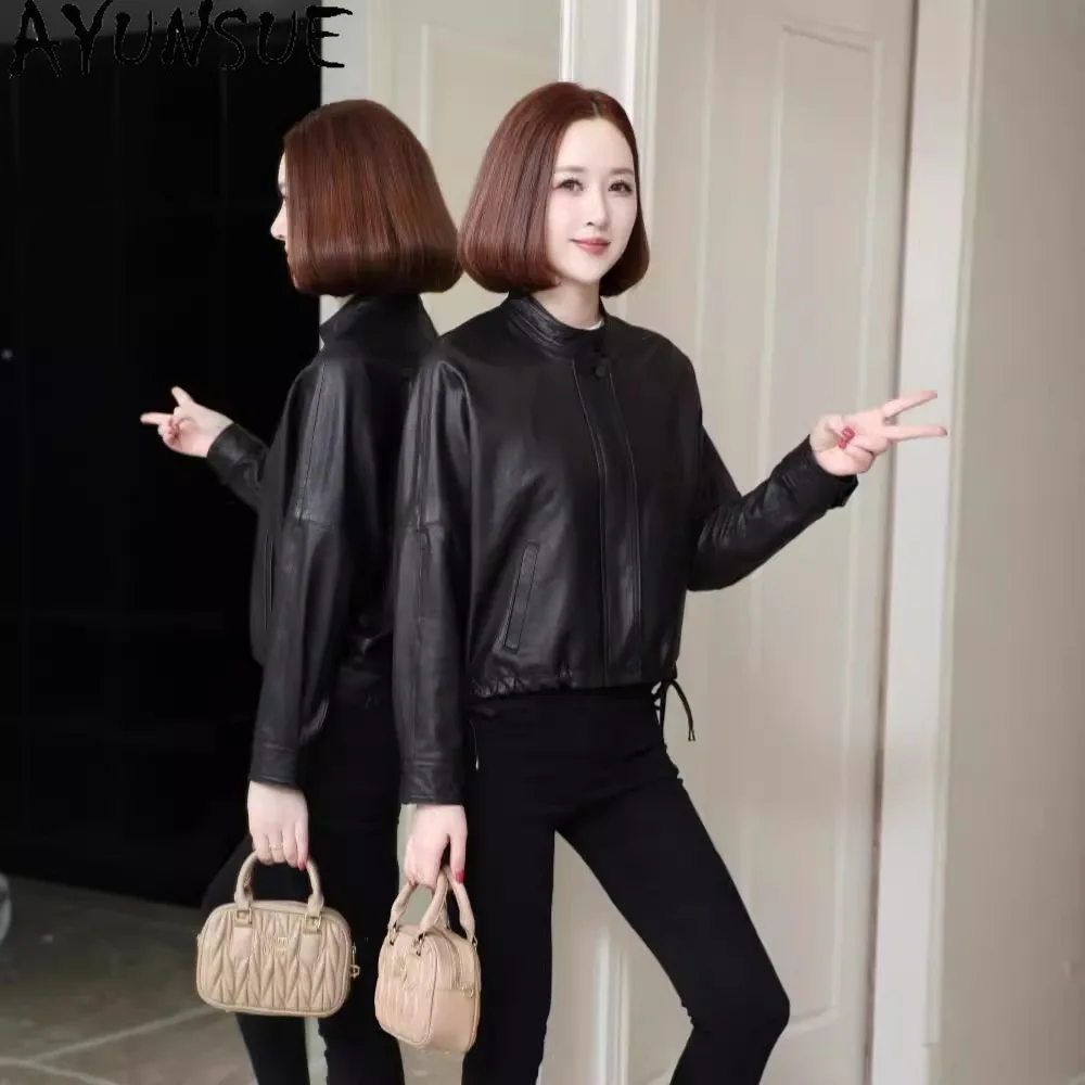 AYUNSUE 정품 가죽 자켓 여성 2025 검은 양피 야채 태닝 봄 가을 옷 Bat Sleeve Jaqueta Feminina
