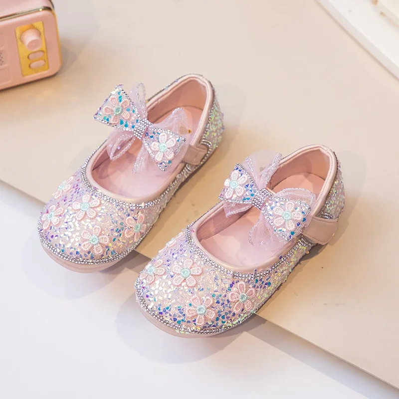 Herfst Nieuwe Bloem Lovertjes Meisjes Prinses Schoenen Zachte Zool Anti Slip Kinderen Casual Schoenen Mode Boog Baby Flats