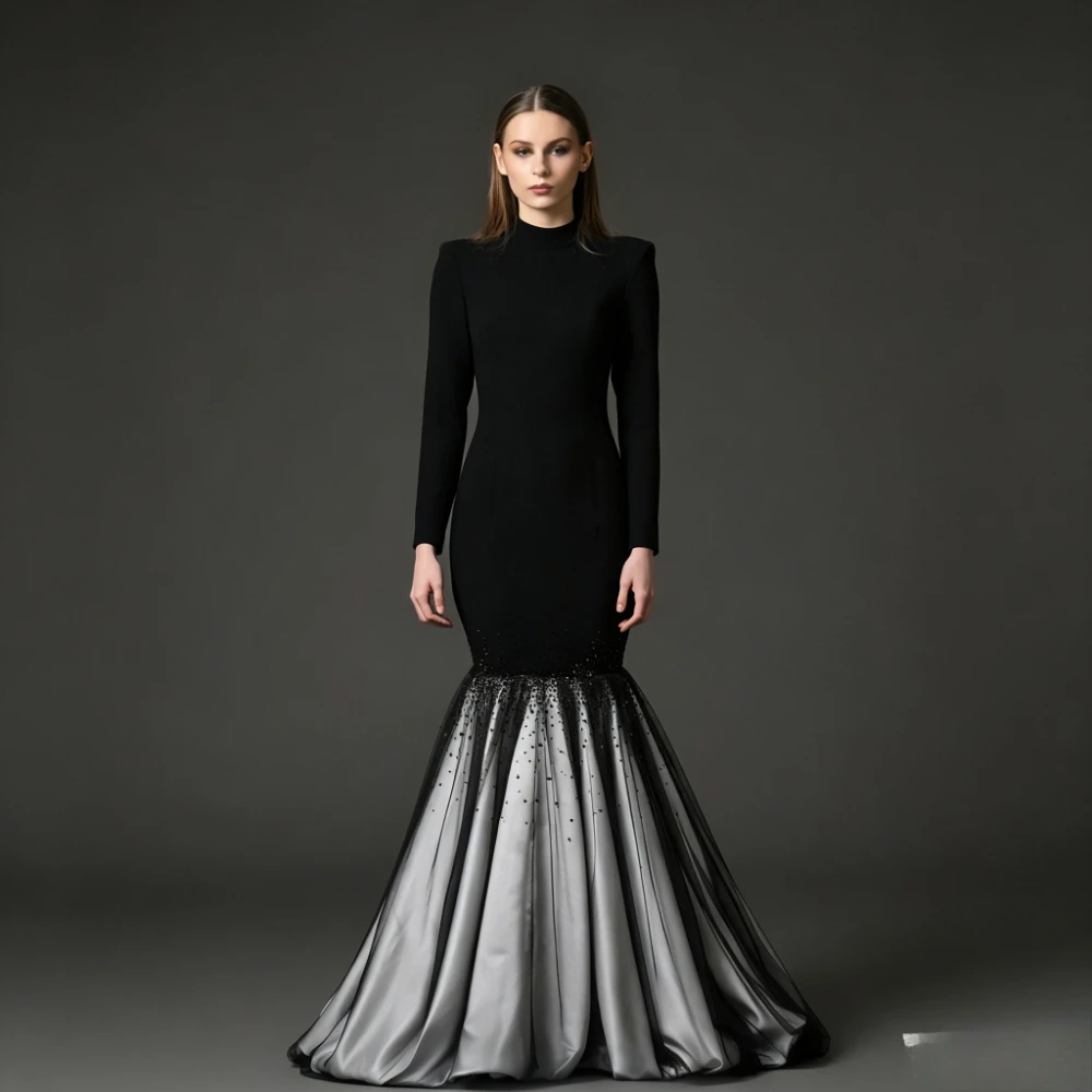 Customzied Ruffle Mermaid Floor Length Prom Gowns Women's Full Sleeve High Collar Evening Dresses Fashion Contrast Color Dress