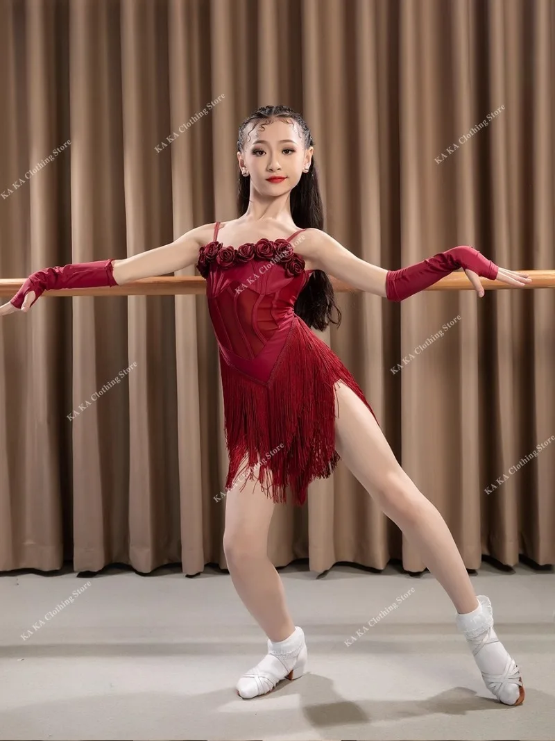 Sukienka do tańca latynoamerykańskiego salsa tango dla dziewczynek, sukienka z frędzlami, spódnica do tańca rumba tango z chwostami, dziecięca sukienka konkursowa do tańca towarzyskiego, standardowa dla dzieci.