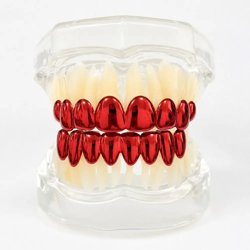 2pcs/set Glossy Finish Teeth Grillz Top Bottom Set Eco-friendly Copper Shiny Teeth Grillz Caps Red Blue Teeth Jewelry Halloween