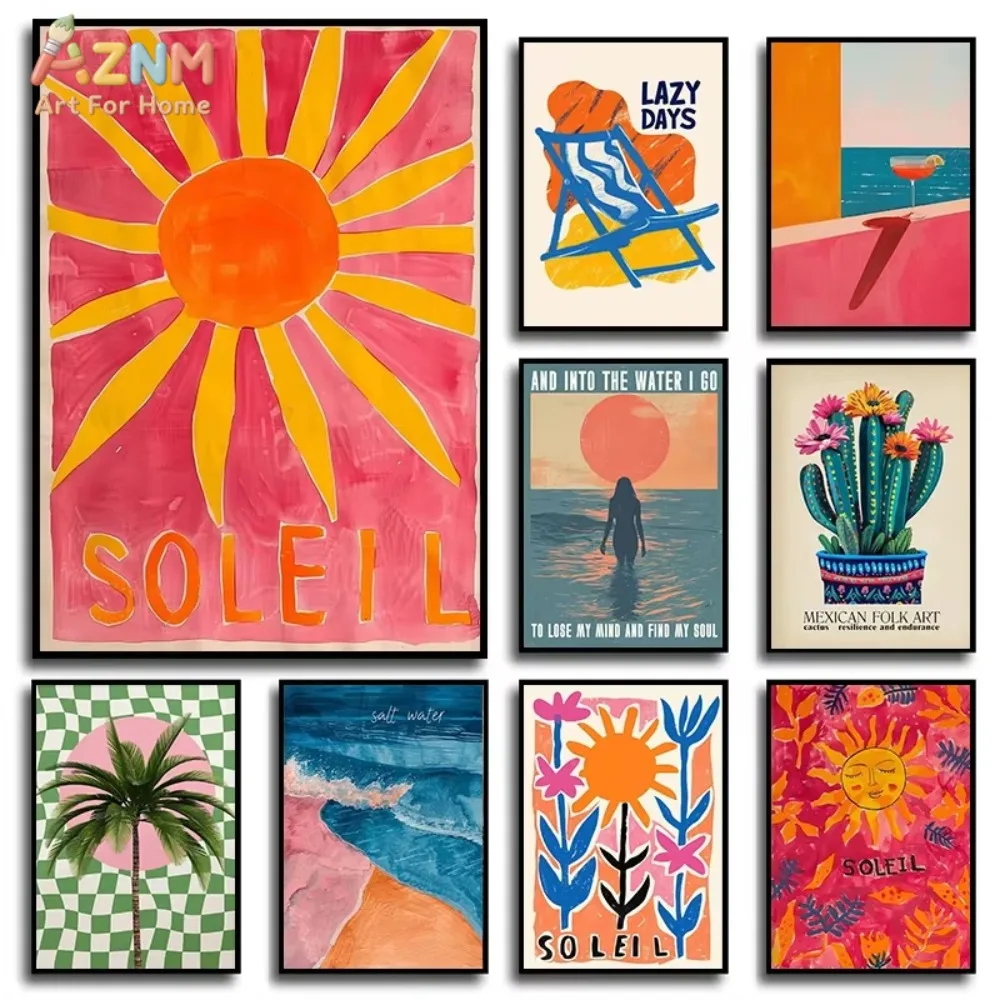 

1pc Abstract Colourful Sun Ocean Palm Tree Landscape Cactus Poster and Prints Canvas Printing Wall Art Picture for Living Room