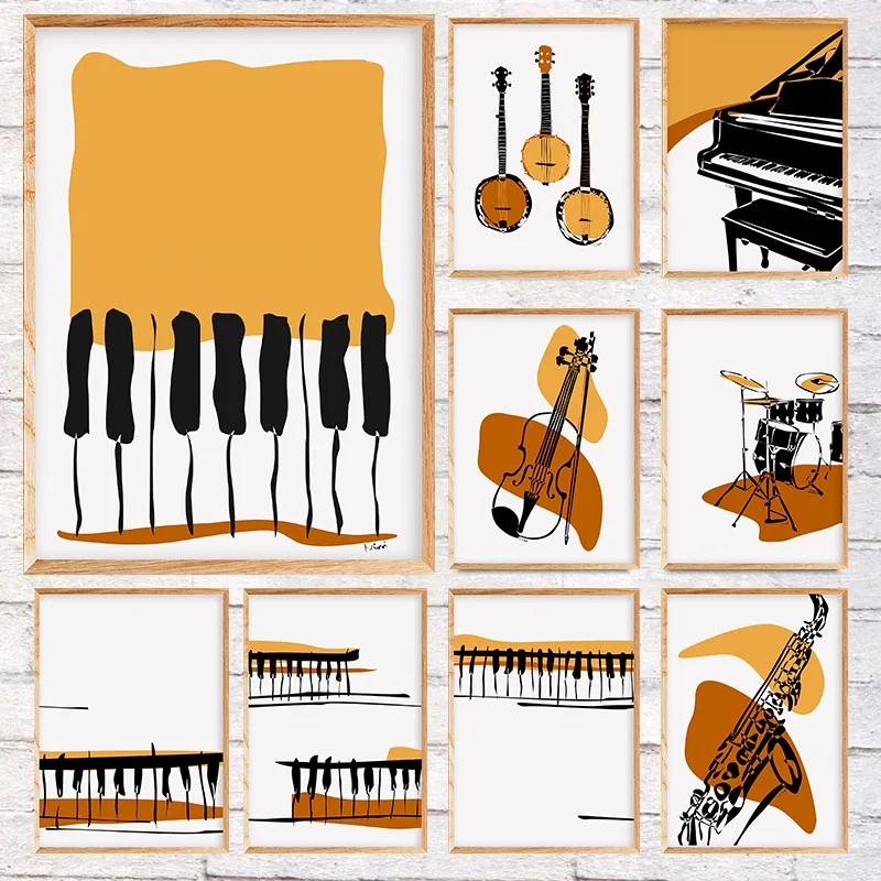 Minimalist Contemporary Terra Cotta Colour Poster Piano Guitar Musical Instrument Canvas Painting Wall Art Music Room Home Decor