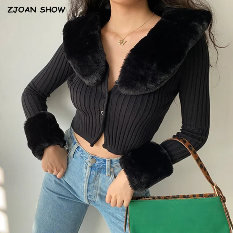 Fashion Trend Removable Rabbit Fur Collar Long Sleeve Slim Knitted Cardigan Autumn Winter Solid Color Cropped Sweater Knitwear