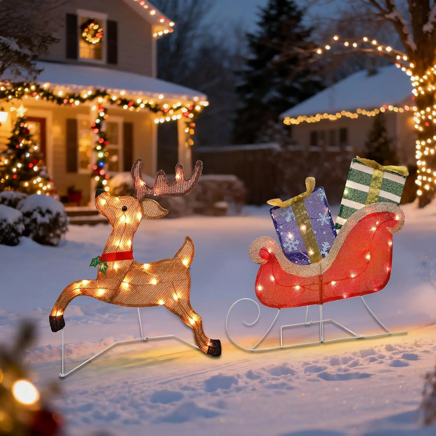 زينة عيد الميلاد المضاءة 25 بوصة × 44 بوصة الرنة، 50 مصباحًا لعيد الميلاد الرنة مع مزلقة وصناديق هدايا، ديكورا مضيئة