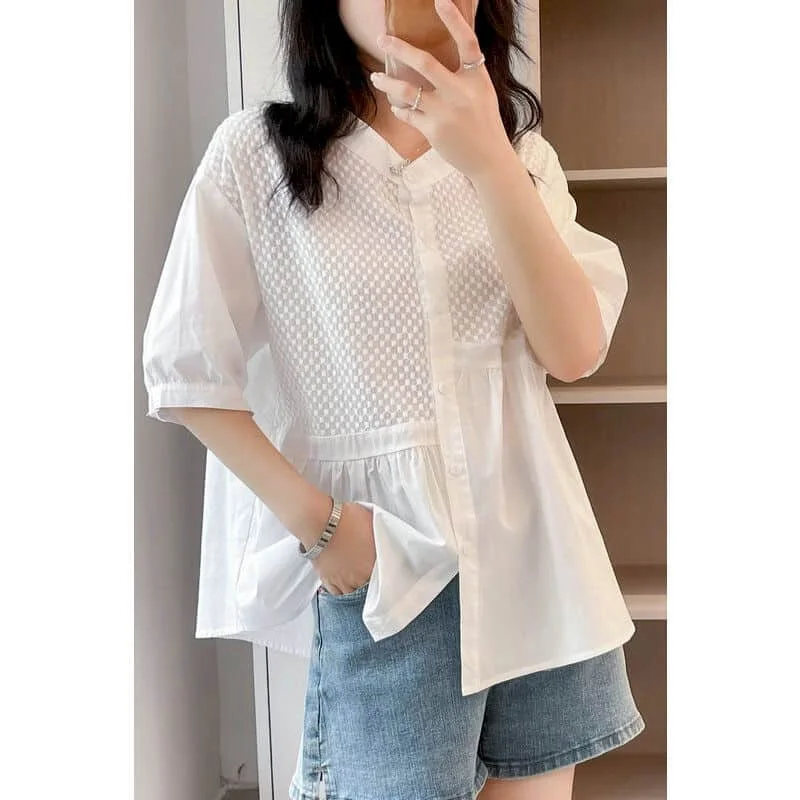 

Cotton Shirt for Women Solid Half Sleeve Shirts Casual Korean Fashion Vintage Loose Single Breasted One-piece Blouse Women Tops