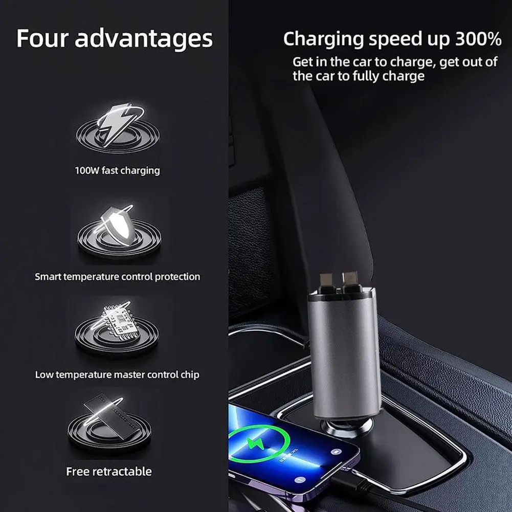 100W 4 IN 1 Retractable Car Charger USB Type C Cable For IPhone Fast Charge Cord Cigarette Lighter Ad T9P5