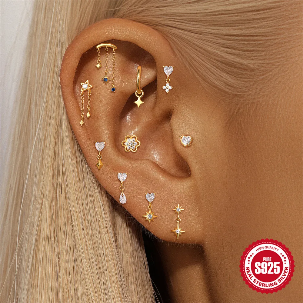 

BOAKO 925 Sterling Silver 1Piece Heart/Star Shiny Zircon Charms Piercing Earrings For Women Tassel Chain Party Fine Jewelry