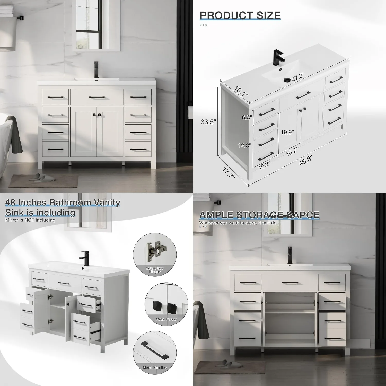 

48" Modern Bathroom Vanity & Sink Cabinet Resin Single Bowl 2 Doors 4 Drawers White Faucet No Mirror, Customized
