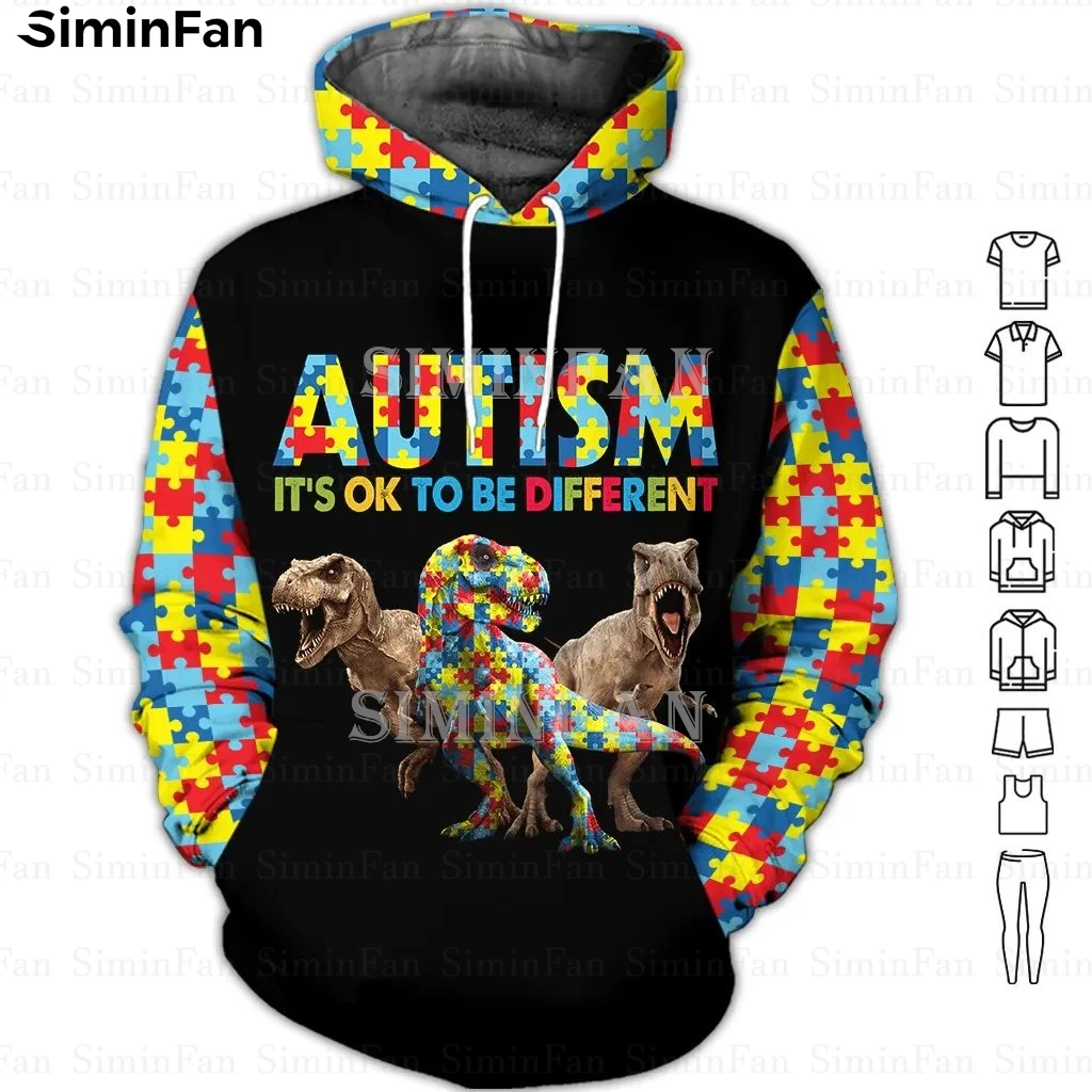 LOVE AUTISM Dinosaur 3D Printed Mens Hoodie Zipper Jacket Male Hooded Pullover Casual Sweatshirt Unisex Outwear Women Coat