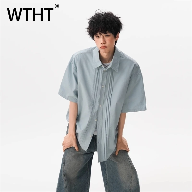 

WTHT Fashion Men's Solid Color Pleated Design Casual Shirt Trendy Japanese Style Short Sleeves Loose Top Male 2025 Summer 2A0885