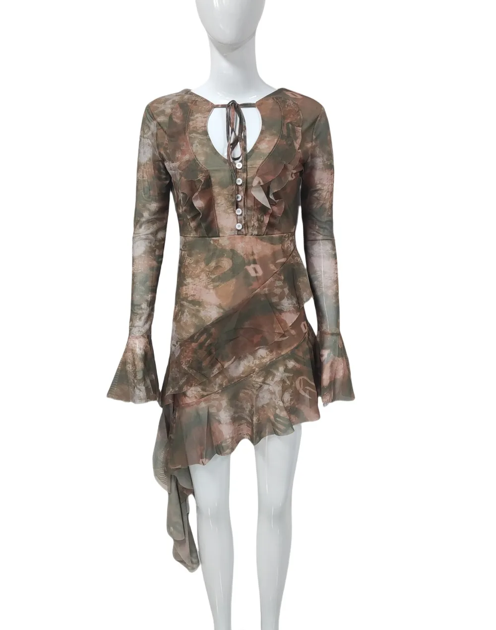 2025 nova moda recorte rendas manga alargada vestido feminino emagrecimento tie-tingido impresso vestido de malha feminino vestido de malha irregular