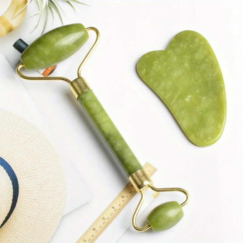 Jade Roller and Gua Sha Set - Dual Head Facial Massage Tool for Skin Care, De-puffing and Daily Beauty