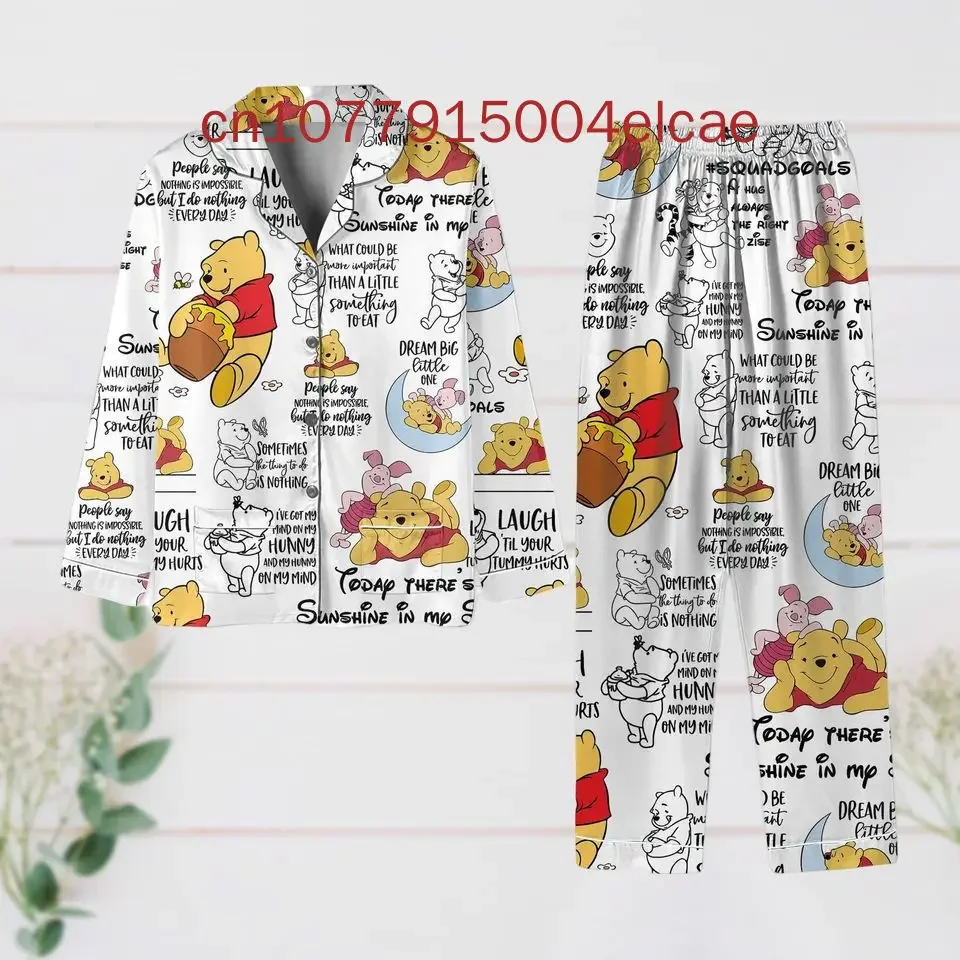 New Disney Pooh Pajama Set Fashion Casual Men's and Women's Long Sleeve Shirt Pajama Set