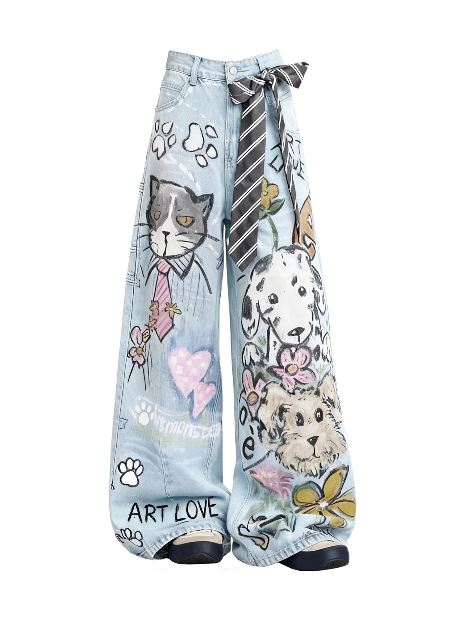 Women Hand-painted Cat & Dog Graffiti Jeans Y2k Gyaru Baggy Denim Pants Vintage Grunge Wide Denim Trousers Alternative Clothes