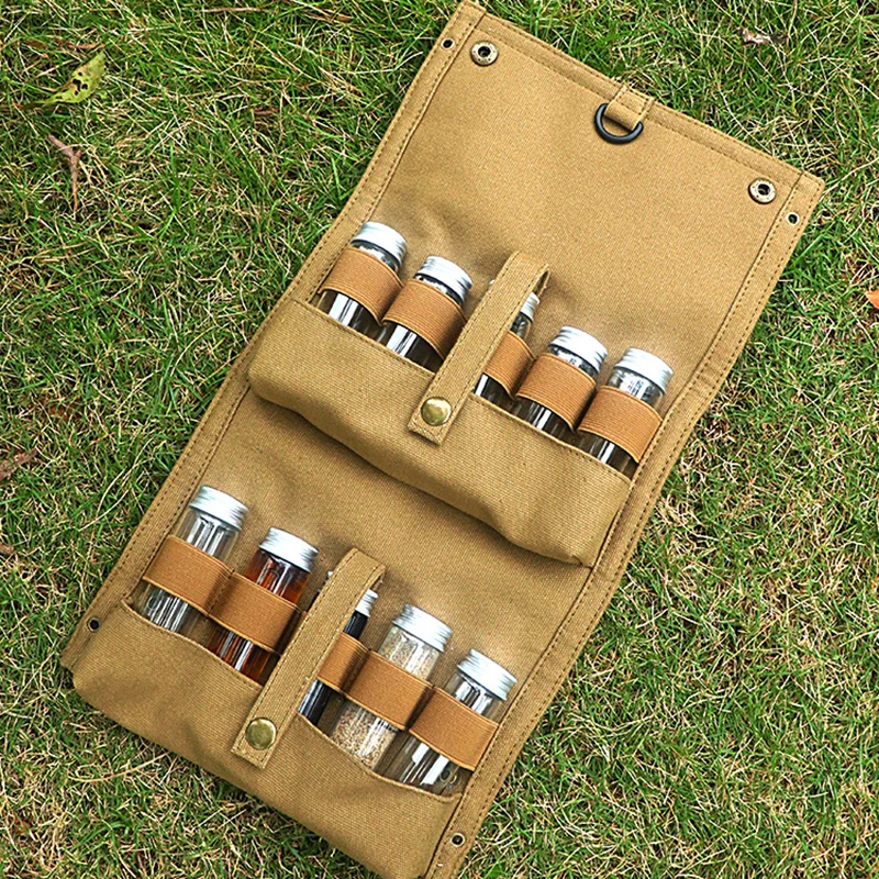 

10pcs/set Canvass Seasoning Bottle Bag Set Foldable Waterproof Spice Organiser For Camping Camping Glass Seasoning Bottle