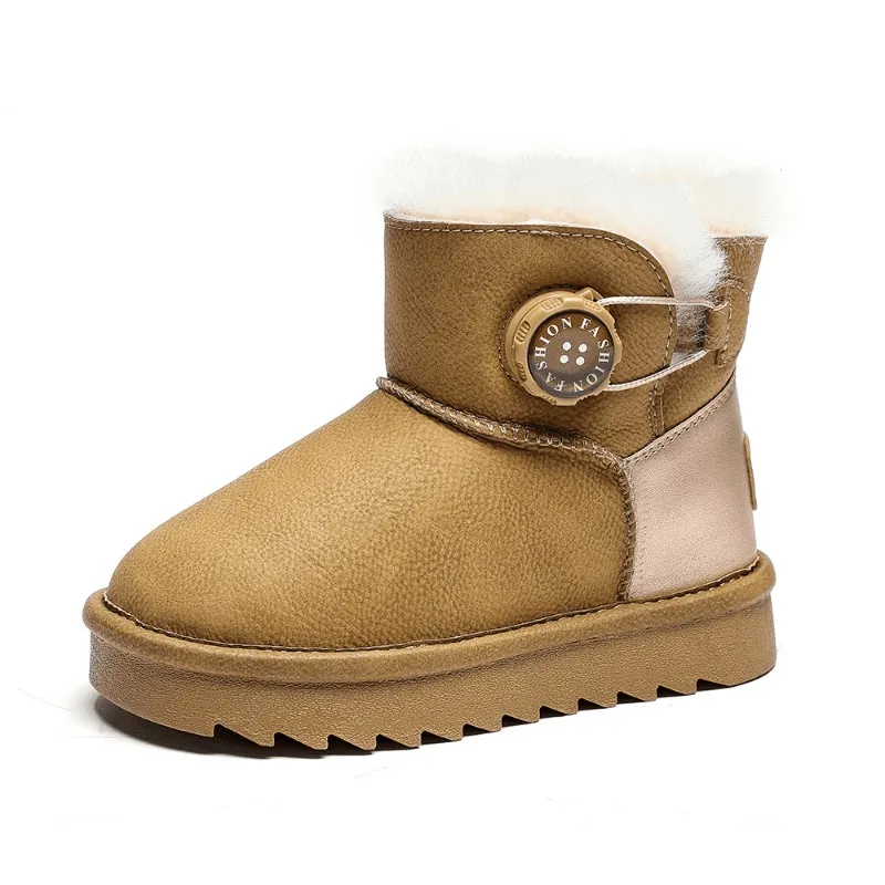 Kids Winter Snow Boots for Boys Girls Baby Real Leather Waterproof High Top Shoes with Warm Plush Lining Rotating Buckle