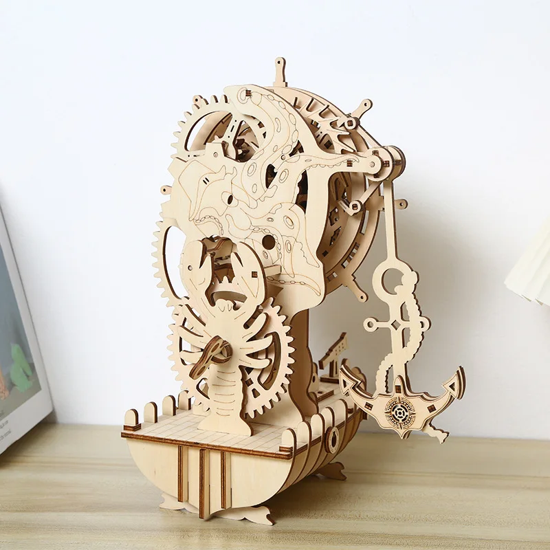 Small ornament pirate ship clock 3D stereoscopic puzzle wooden home decoration ornament puzzle assembly toy DIY small ornament