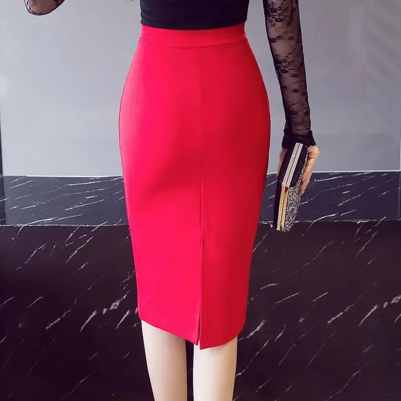 S-5XL Women Pencil Long Skirts 2026 High Waist Casual Summer Sexy Skirts Slim Red Office Lady Work Wear Oversized Black Skirt