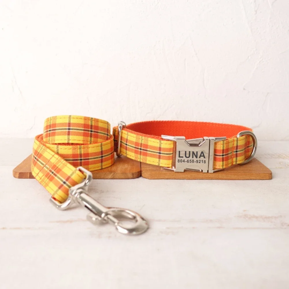 

Personalized Pet Collar Free Engraving Custom Puppy Nameplate ID Tag Adjustable Buckle Orange Plaid Collars Leash