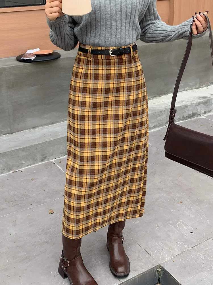 with Belt Plaid Midi Skirts Women High Waist Straight Back Split Skirts Fashion Slim Casual Vintage Checked Skirt Female 2024