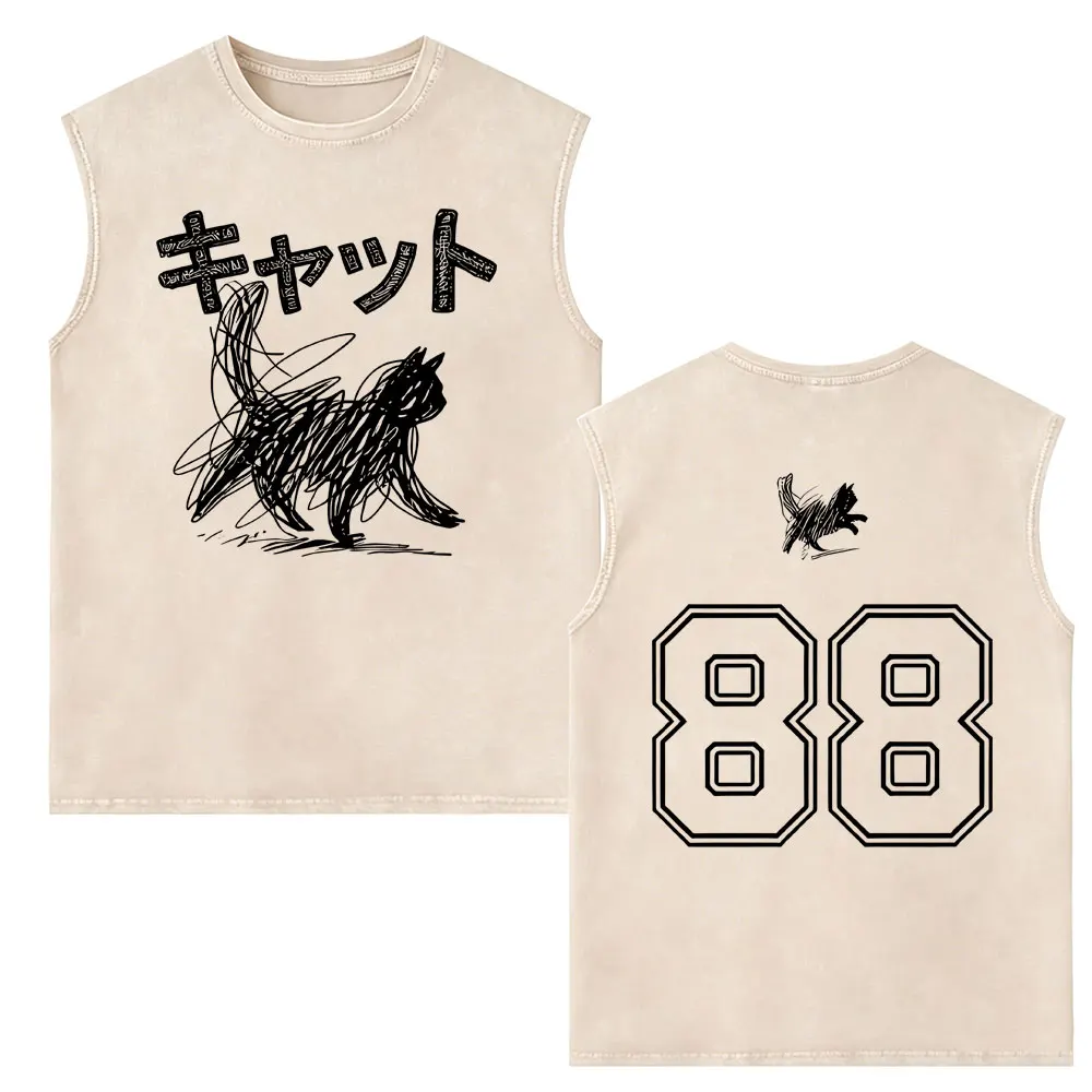 Japanese Style Cat Vintage Washed Tank Tops Men Women Fashion Retro Sleeveless Vest T-shirt Men's Pure Cotton Oversized T-shirts