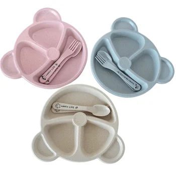 아기 그릇, 숟가락, 포크, 급식 식기 세트, 만화 곰, 어린이 요리, 식사 식기, 뜨거운 밀 밀짚 훈련 플레이트