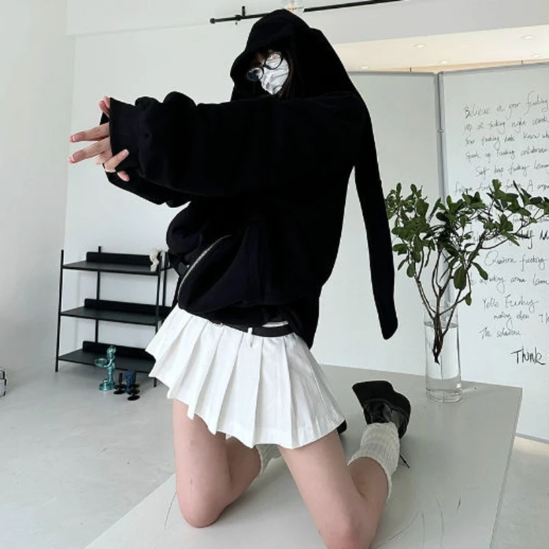 Korean Harajuku Style Y2k Girls Zip Up Rabbit Ears Hoodies Women Spring Autumn Loose Casual Chic White Black Coat Kawaii Clothes