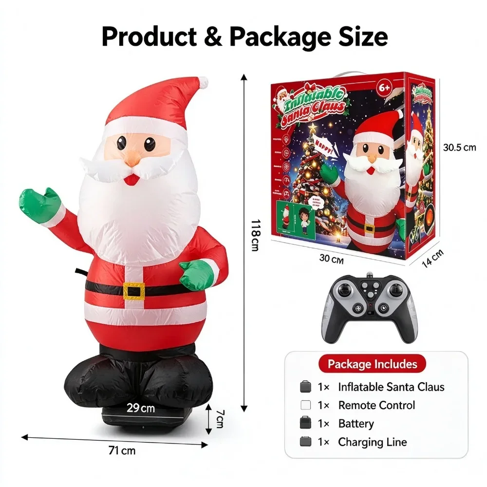 RC Inflatable Santa Claus Electric Toy with Sound & Light Walking Rechargeable Outdoor Toys Christmas Gift for Boys Girls Kids