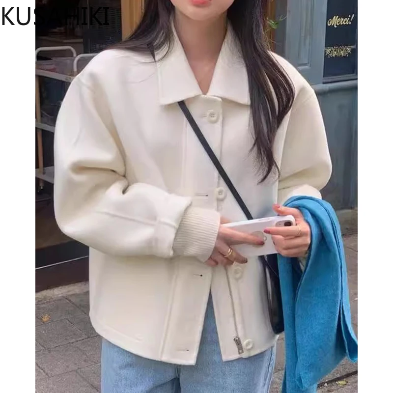 

KUSAHIKI Korean Autumn Winter French Turn-down Collar Single Breasted Casual Long Sleeved Zipper Style Short Jacket for Women