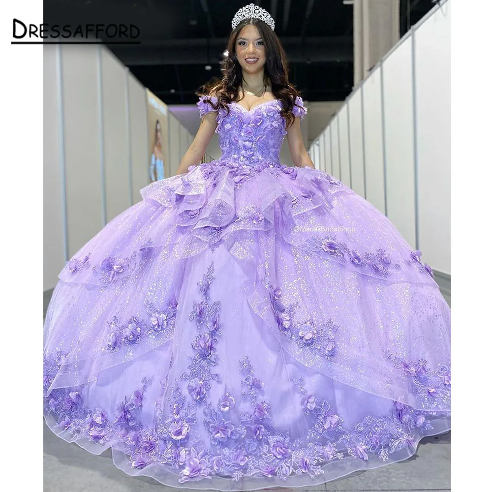 

Princess Lilac Purple Off The Shoulder Ball Gown Quinceanera Dresses Beaded Celebrity Party Gowns 3D Flowers Graduation Vestido