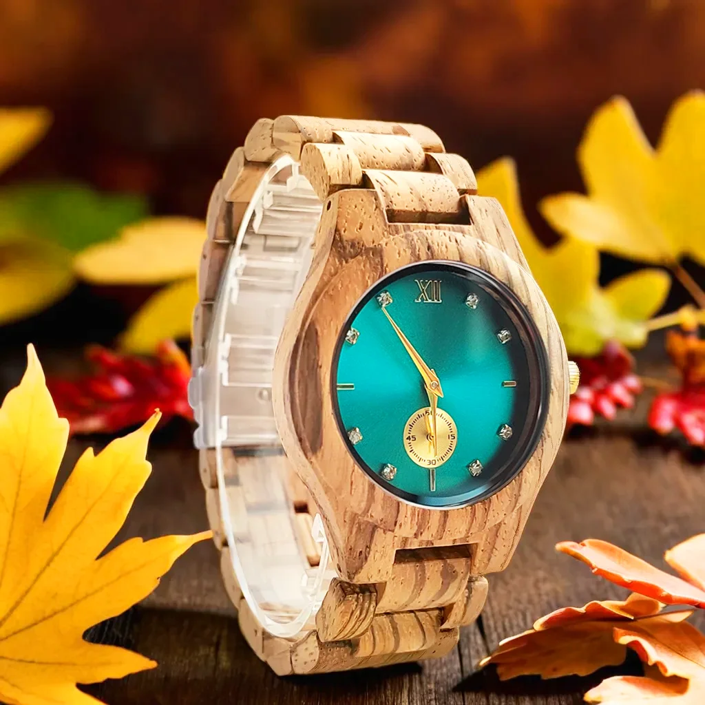 Fashion Simulated Diamond Dial Wood Bangle Timepiece Clock Women\'s Quartz Wristwatch Natural Wooden Lady Bracelet Watches