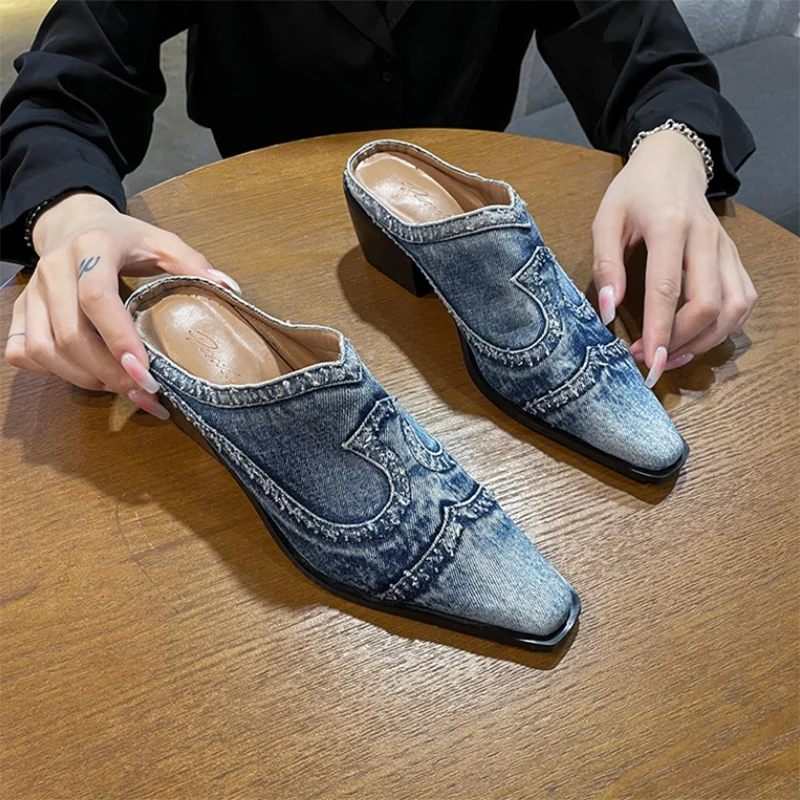 Denim pantofle na co dzień sandały na wysokim obcasie damskie w stylu Vintage buty damskie nowe mody fala wiosna lato 2022 Sandalias De Mujer