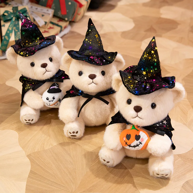 Halloween Wizard Ghost Pumpkin Bear Plush Toy, Stuffed Doll with Wizard Outfit, Desktop Ornament, Party Decoration Holiday Gift