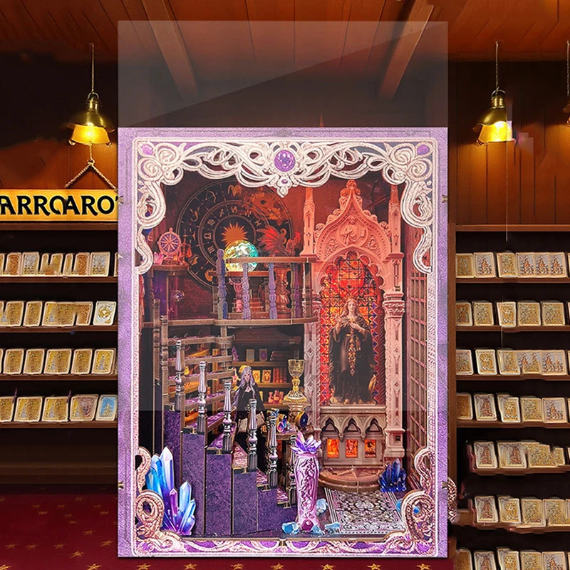 DIY Buchecke Holz Miniatur Modellbausätze Tarot Association Buchstütze 3D Puzzle mit LED-Licht Bücherregal für Freunde Geburtstagsgeschenk