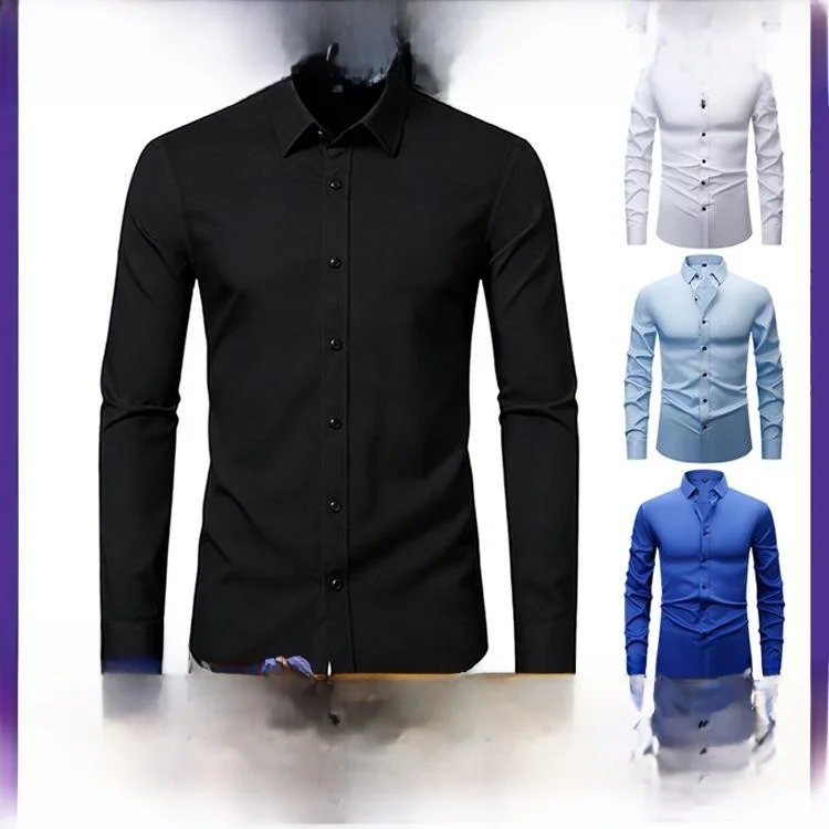 

Men's Long Sleeve Elastic Black Shirt Stretchy Comfortable Thin Material Pocket Detail Daily Wear Non-deformable Inner Shirt
