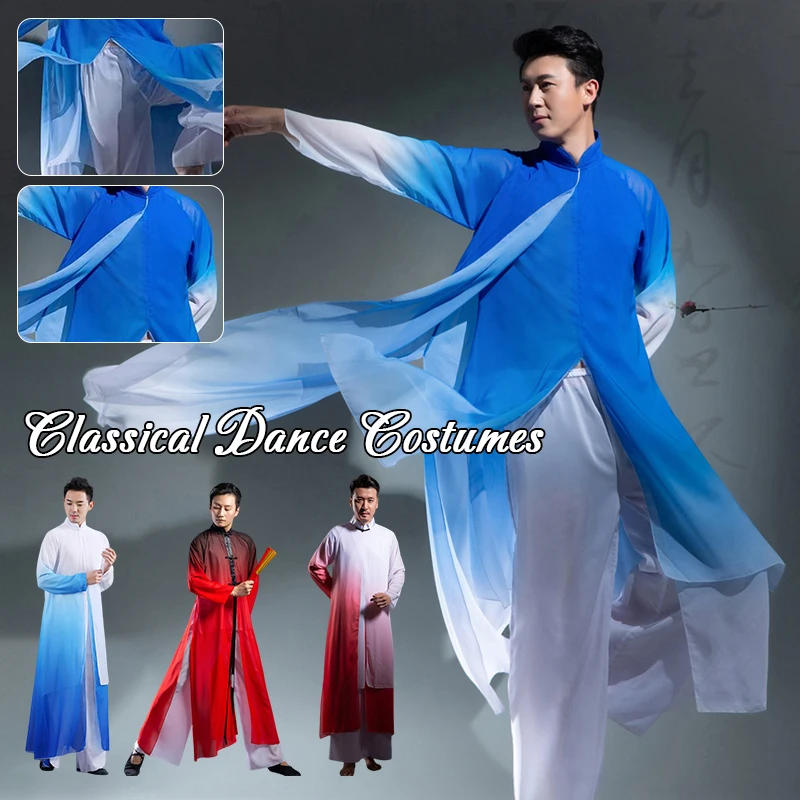 Men Chinese Classical Dance Performance Costume Elegant Chiffon Flowy Gradient Ink Robe Tai Chi KungFu Martial Art Uniform