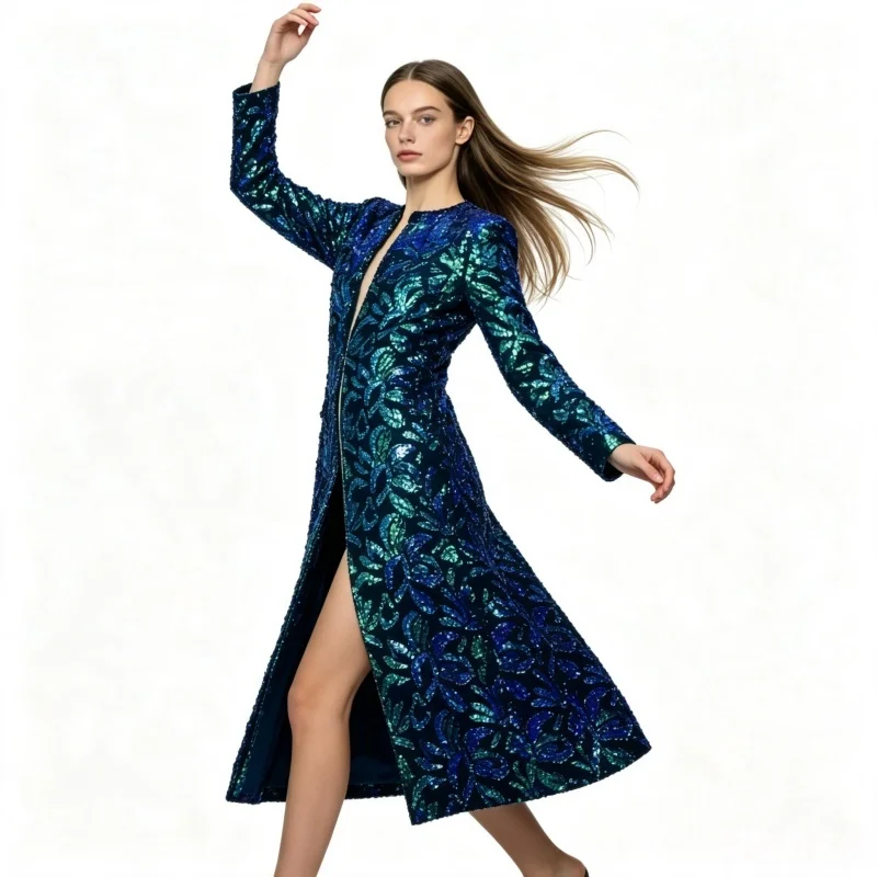 Green Women Men Embroidery Suit Jacket Sequins round Collar England Style Long Coat  Star Singer Stage Concert Wedding Outerwear