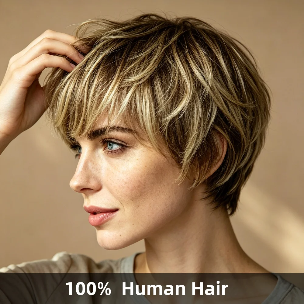Damen Kurzhaar Echthaarperücke mit Rosen-Innennetz, 6 Zoll, 180 % Dichte, Pixie Cut, 100 % Echthaar, maschinell gefertigt für den Alltag