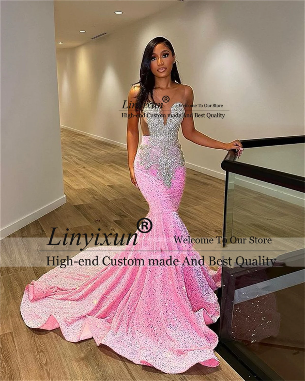 Pink Sequin Prom Dresses For Black Girls Silver Beaded Mermaid Formal Evening Party Gowns V Neck Court Train Robes De Soirée