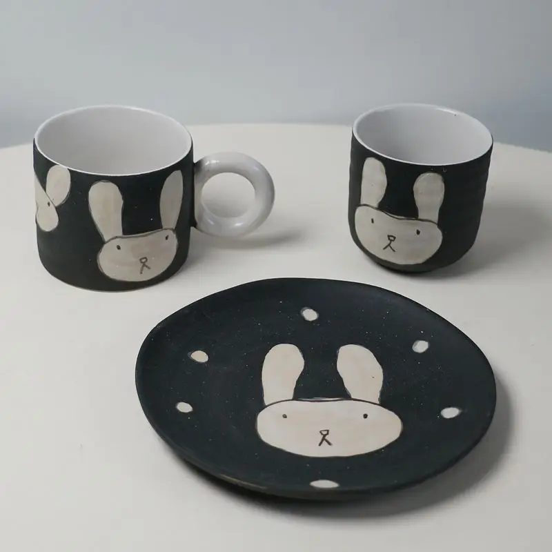 

Japanese Retro Handmade Ceramic Cup Plate Set Rabbit Pattern Good-looking Couple Coffee Cup Modern Minimalist Dim Sum Dish Gift