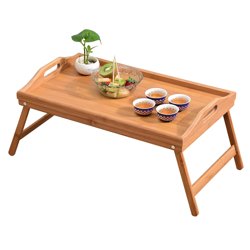 Modern adjustable natural bamboo and wood laptop desk with single tray portable lacquer finish, breakfast tray in living room
