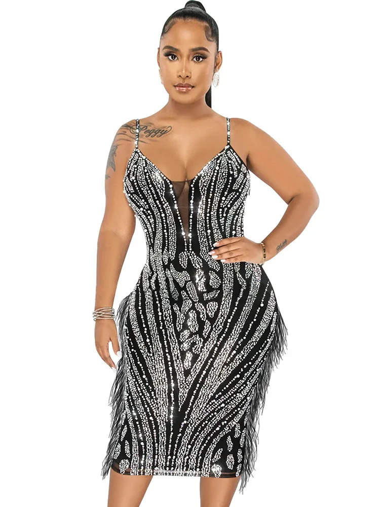 

Black Nude Mesh Feather Rhinestone Prom Long Dresses See Through Nightclub Outfits For Women Evening Gowns Party Club Sexy Dress