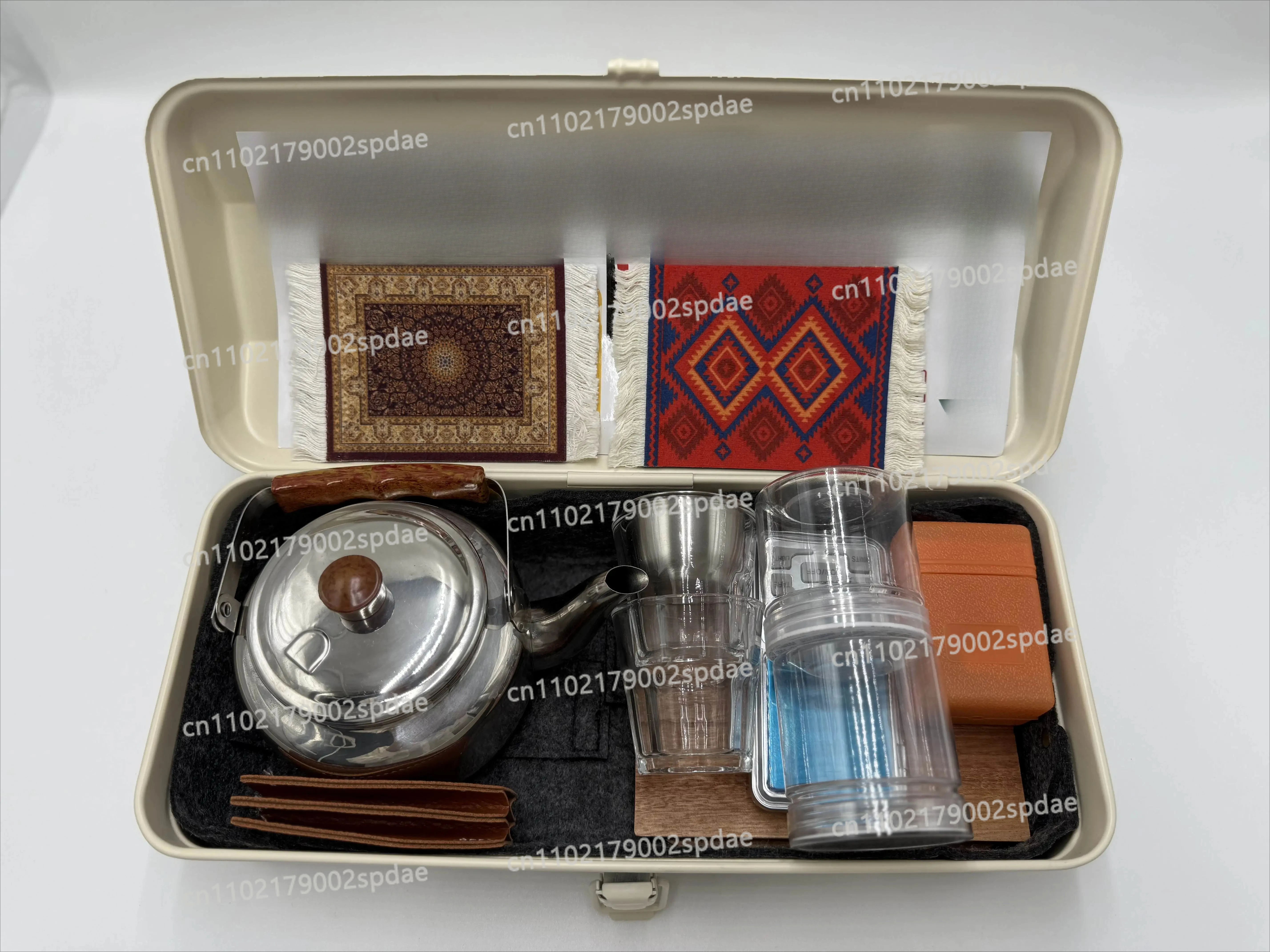Complete metal toolbox, suitcase, storage box with stickers, portable toolbox with tea set, toolbox with kettle, cup and stove.