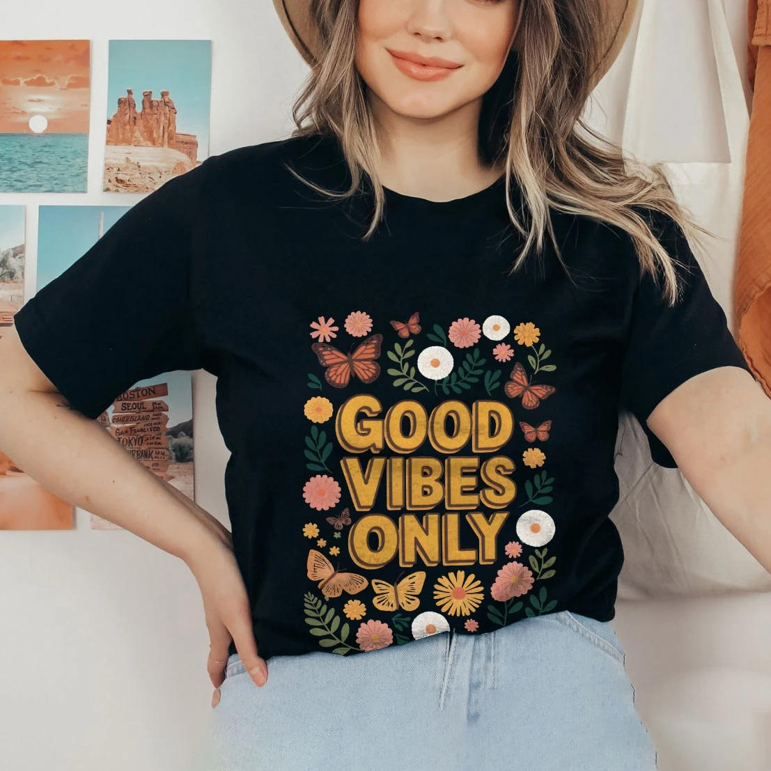 

Uplifting Slogan with Floral and Butterfly Print, Optimistic & Stylish Y2k Graphic Tee,Soft Fabric for Positive Casual Looks
